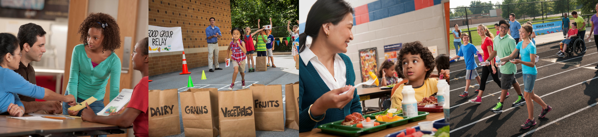 Collage of school-aged youth interacting with adults and peers in different school settings such as the cafeteria and outdoor activity areas